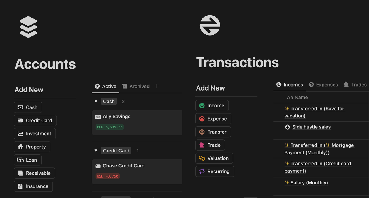 A table showing account and transaction types supported