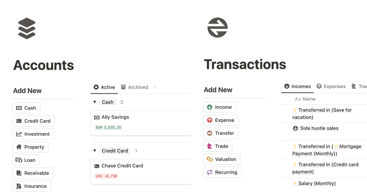 A table showing account and transaction types supported